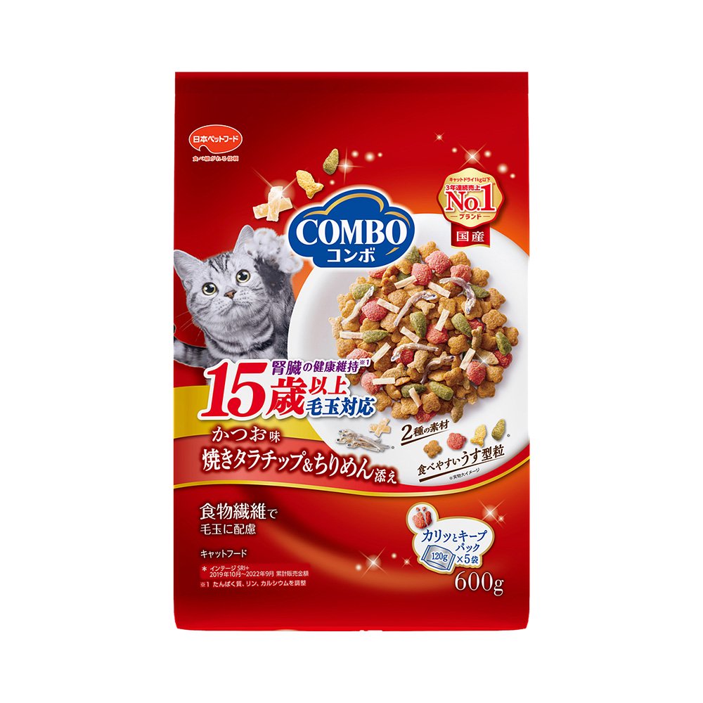 キャットフード　コンボ　毛玉対応　１５歳以上　かつお味・焼きタラ・ちりめん添え　６００ｇ（１２０ｇX５袋）　超高齢猫用　１２袋　ＣＲＣ35―15―60―30―00