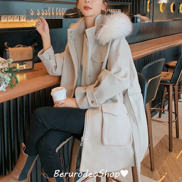 ラシャコート レディース 20代 30代 ベージュ フード付き ファー付き オシャレ ロングコート アウター トレンチコート ミディアム丈コート 韓国風アウター コート ラシャ 体型カバー キレイめ
