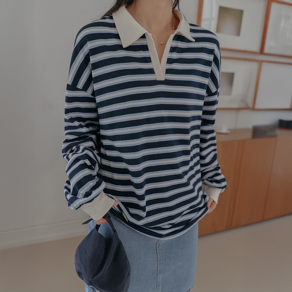 ベロンドコットンバクシーオープンカラーストライプティー