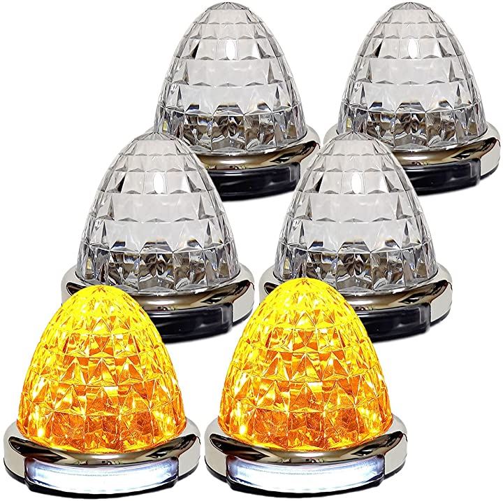 カスタマイズ 12V 24V トラック用 LED マーカーランプ 路肩灯機能付 サイド メッキリング 5面クリスタルカット仕様 22LED 汎用(オレンジ, 6個セット)