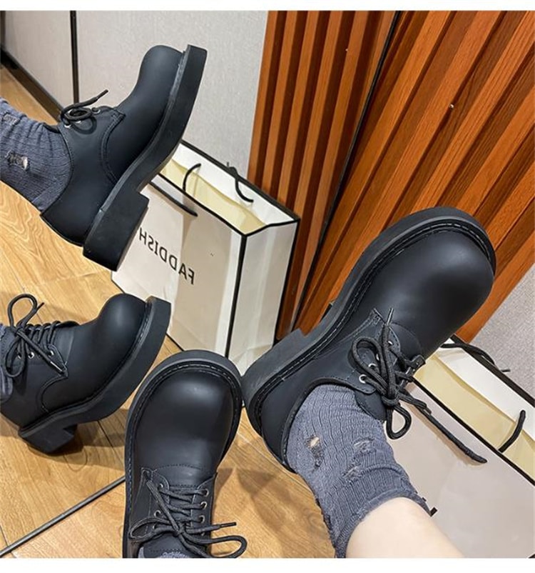 INSスタイル 23cm カップル靴 26.5cm 男女兼用 ブーツ レースアップ 無地 小さめの革靴 厚底 ラウンドトゥ 太いヒール 単靴