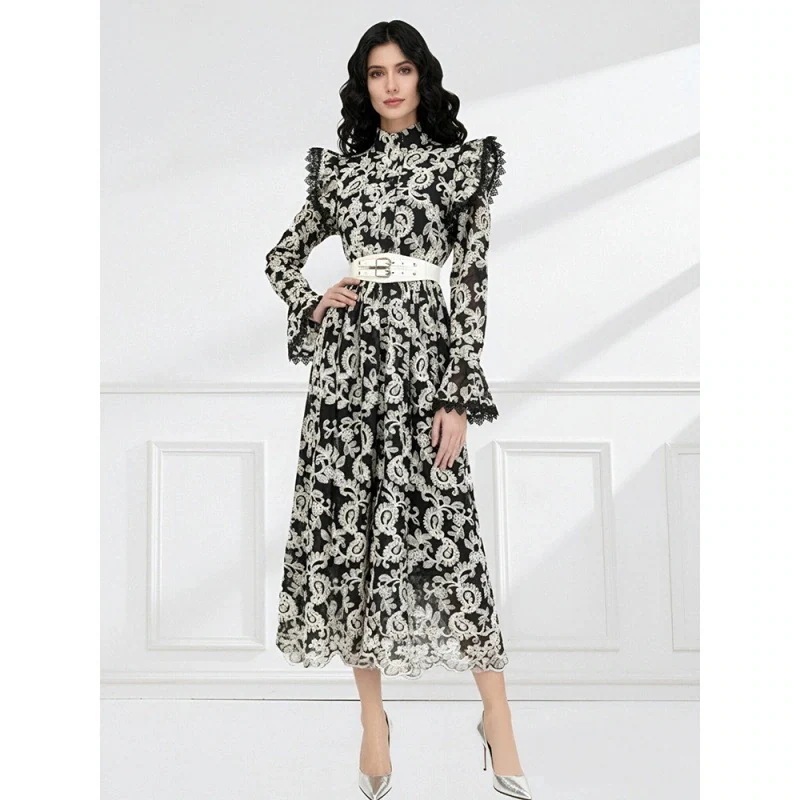 レース刺繍フリル袖真珠ボタンワンピース（秋冬季） 入学式 卒業式 結婚式 演奏会 パーーティー お呼ばれドレス