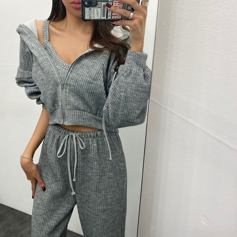 ニット リブ クロップ キャミソール ショート ポケット パーカー ツーピース セット