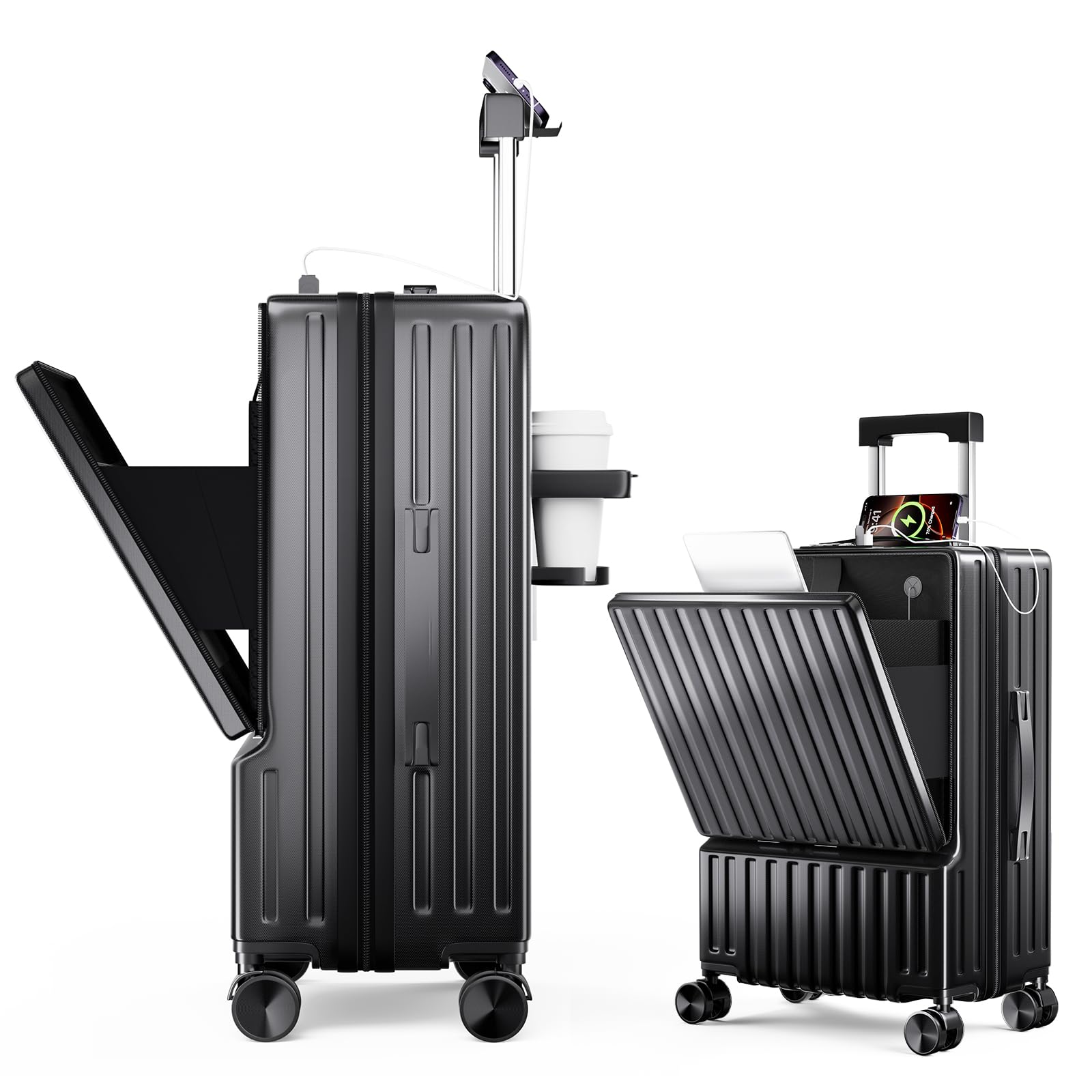 [SupTrip] スーツケース フロントオープン 多機能 キャリーケース 機内持ち込み 軽量 カップホルダー付き 隠しフック機能 キャリーバッグ USB+Type C充電機能 携帯スタンド TSAロ