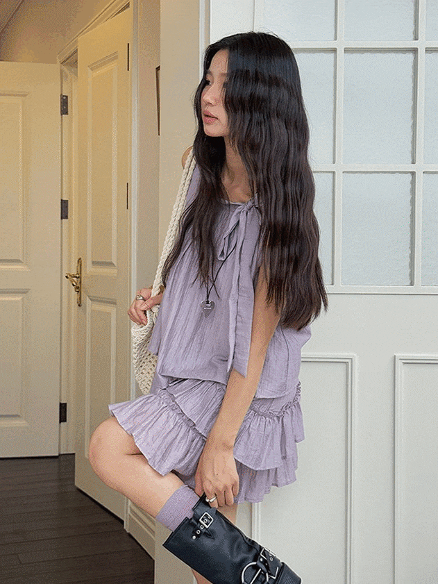 ネックリボン ティアード フリル 袖なし ミニ ワンピース - 3colors