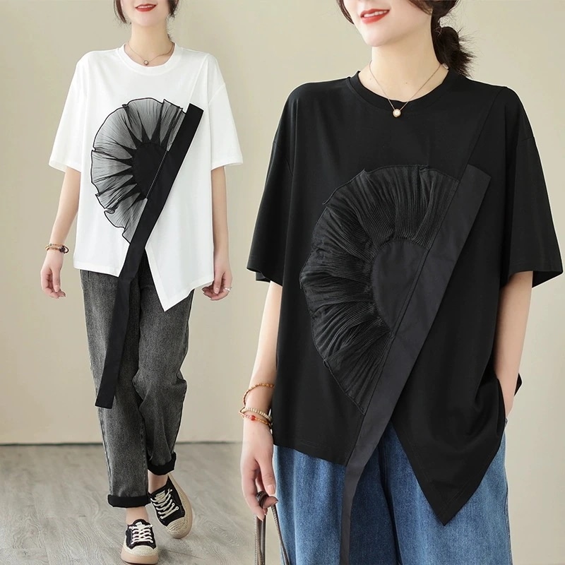 大きいサイズ 不規則な上着2024夏新型個性立体装飾半袖tシャツの女性半袖トップス