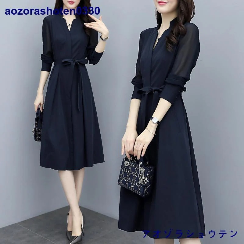 ワンピース レディース 40代50代 春秋 膝丈 長袖 無地 ロング丈 Aライン 上品 通勤 リボン 結婚式ドレス オシャレ 着痩せ 入学式 卒業式 卒園式