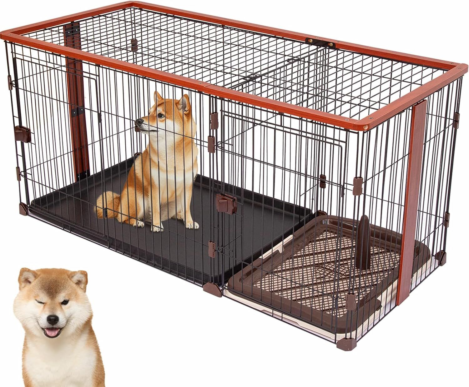 犬 サークル ウッディサークル 犬ケージドッグゲージ ペットケージ ペットサークル 中型犬用 幅145x奥行68x高さ70cm 掃除簡単 (ブラウン-屋根付きあり)