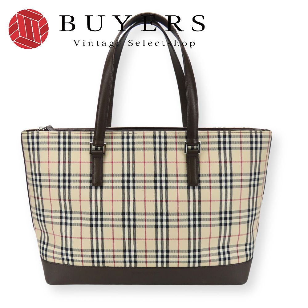 中古 トートバッグ キャンバス レザー ベージュ ブラウン ノバチェック レディース 女性