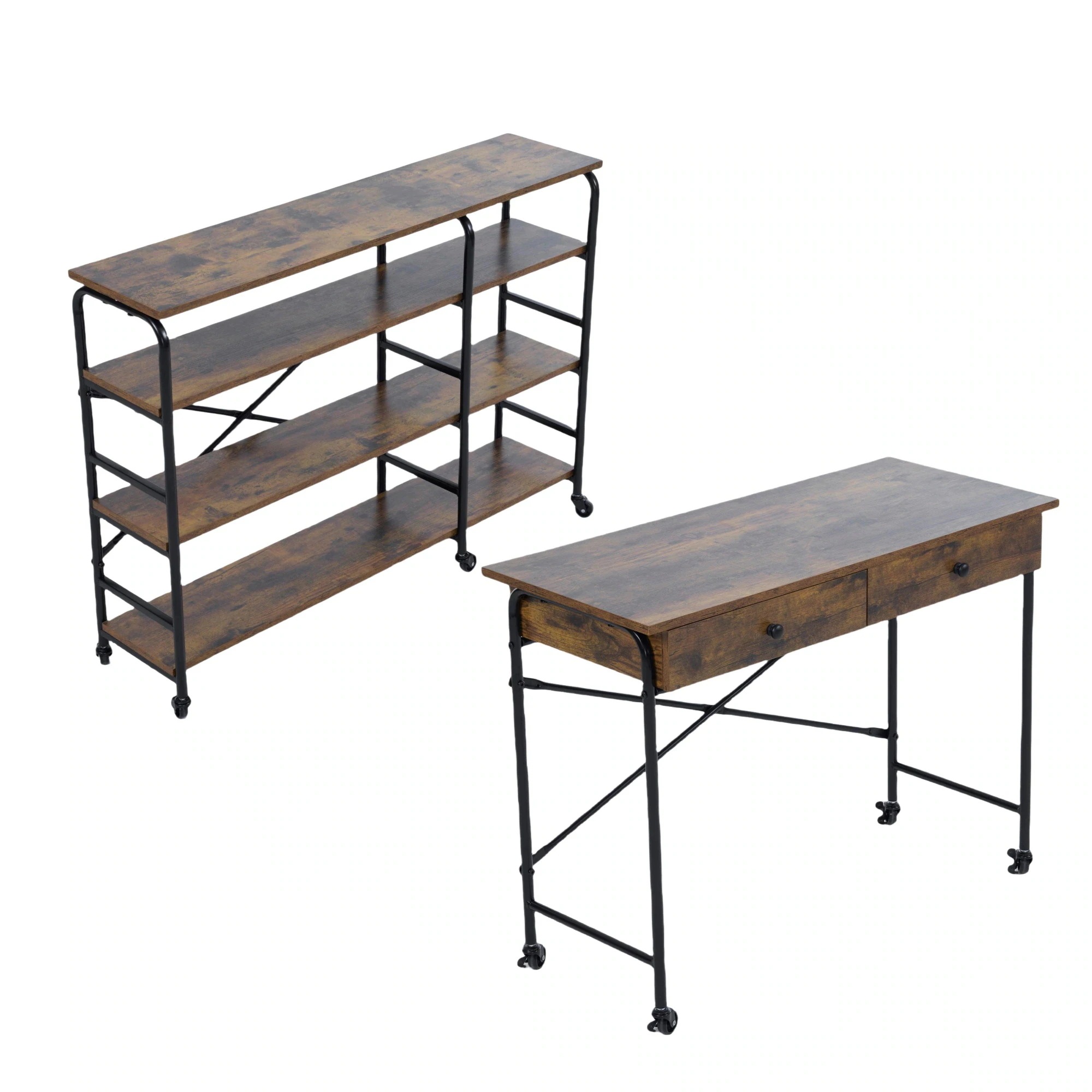 デスク+ラック　キャスター付き　引き出し付きGG8138 Brown MetalG7