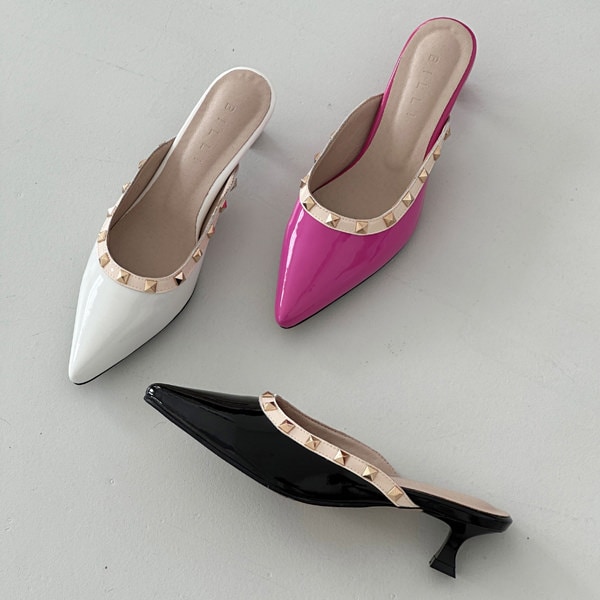 ミュール サンダル ポインテッドトゥ スタッズ リアルレザー レディース ローヒール 黒 白 ブラック ピンク ホワイト 歩きやすい カジュアル 靴 婦人靴 韓国