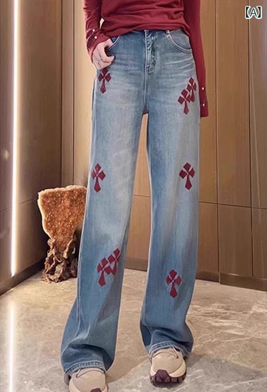 デニムパンツ レディース ジーンズ 大きいサイズ ハイウエスト 刺繍 ストレート春秋 ワイド パンツ ブルー