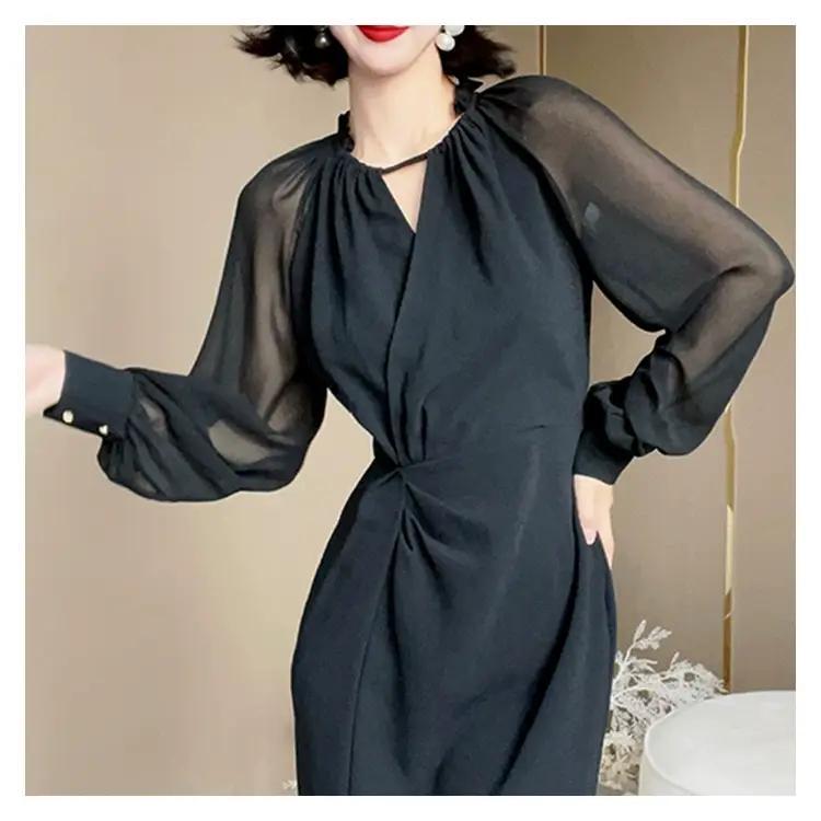 ドレス ワンピース パーティードレス ロングドレス 演奏会ドレス 発表会ドレス ロング丈 長袖 シフォン ウエストマーク 透け感 かわいい 大人可愛い きれいめ シンプル 大人 上品 おしゃれ