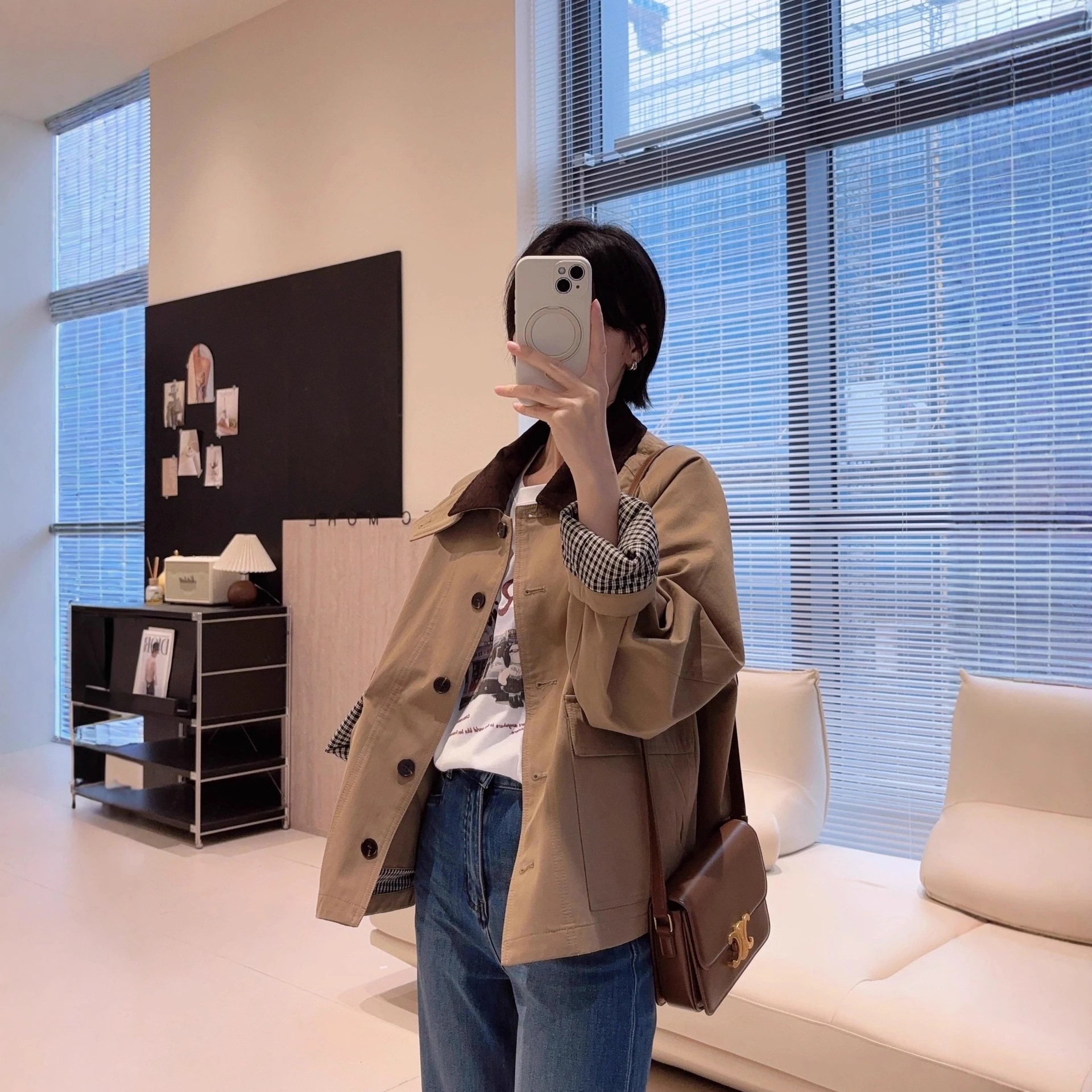 ショート丈のハンター風コート ショート丈 全綿 カラーブロック ゆったりシルエット