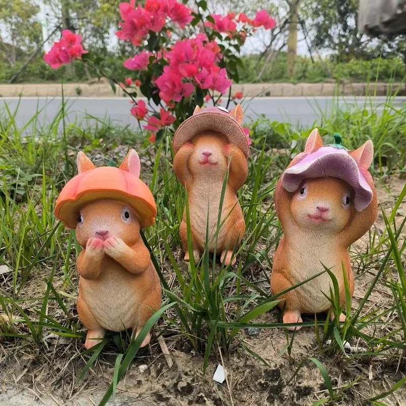 ガーデンオブジェ うさぎ 見ざる聞かざる言わざる ネザーランドドワーフ 3個セット たち耳 オレンジ ガーデンオーナメント かわいい 4-7