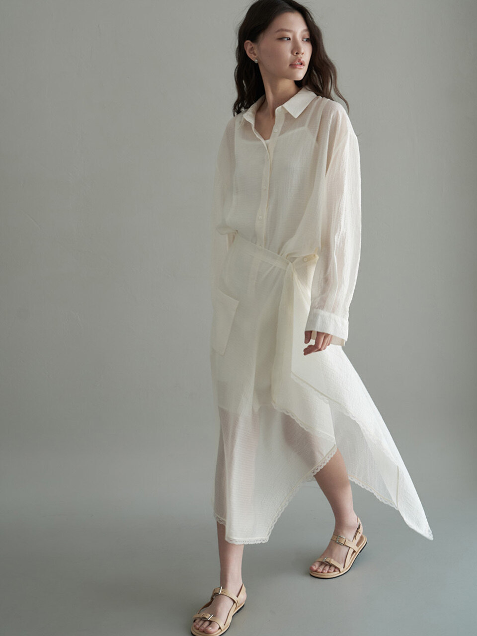DESIGNOWOL テンセルシアーシャツ&ラップスカートドレスクリームアイボリー