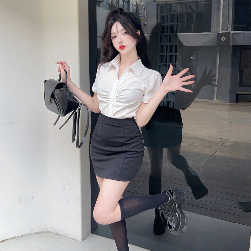 【1つ買うと10つ無料】ユニフォームとプロの作業服女性のためのjkスーツ短袖の白いシャツ +ヒップカバー2ピースセット