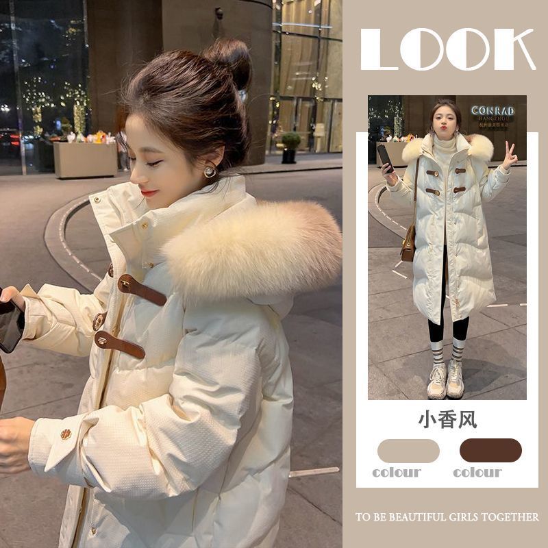2023冬服新型ファッション大毛襟デザイン感小香風韓版中長タイプダウン綿服コート女性潮