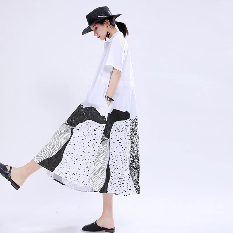 韓国ファッションレディース夏服半袖2024デザイン感抽象プリント中のゆるいシャツワンピースロング