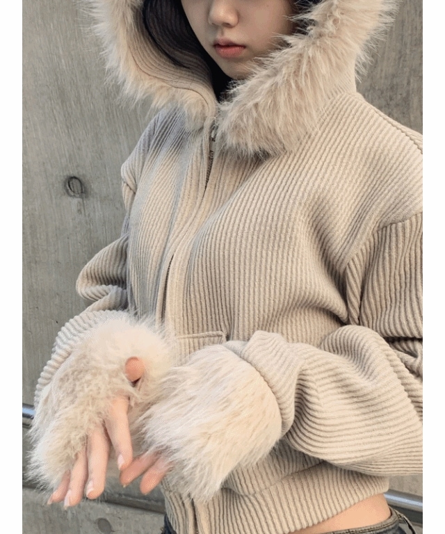 y2k furzip-up hoodie/ファー リブ ニット ジップアップ