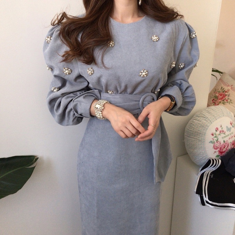 ワンピース ベルト付き ビジュー スリム ラウンドネック Aライン ミドル丈 長袖 韓国 レディース かわいい 可愛い キュート 大人可愛い 大人女子 きれいめ シンプル カジュアル 大人