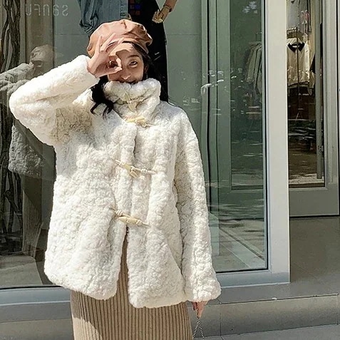 新作 高級感 厚手 ホーンバックル アウター 皮毛一体アウター ジャケット トップス 開き襟 防寒カジュアAWアウター 韓国ファッション 福袋