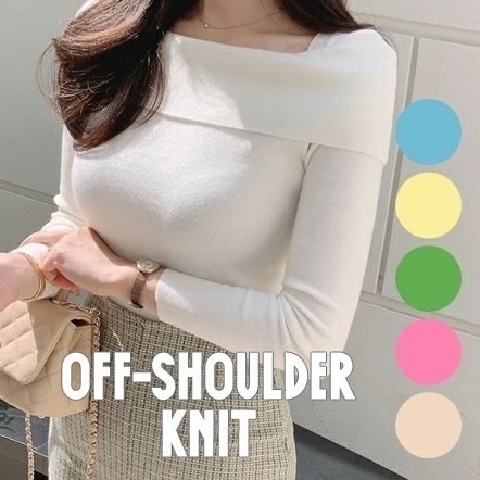 スリムオフショルダーニットp484331 レディース 韓国ファッション トップス ニット オフショルダー 折り返しネック 長袖 リブ セミクロップド スリム タイト 細身 無地 シンプ