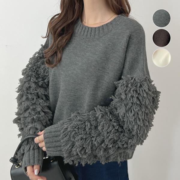 ニット フリンジ ループヤーン ゆったり モップ ループニット カジュアル 韓国ファッション オフィスカジュアル / 袖フリンジニットプルオーバー