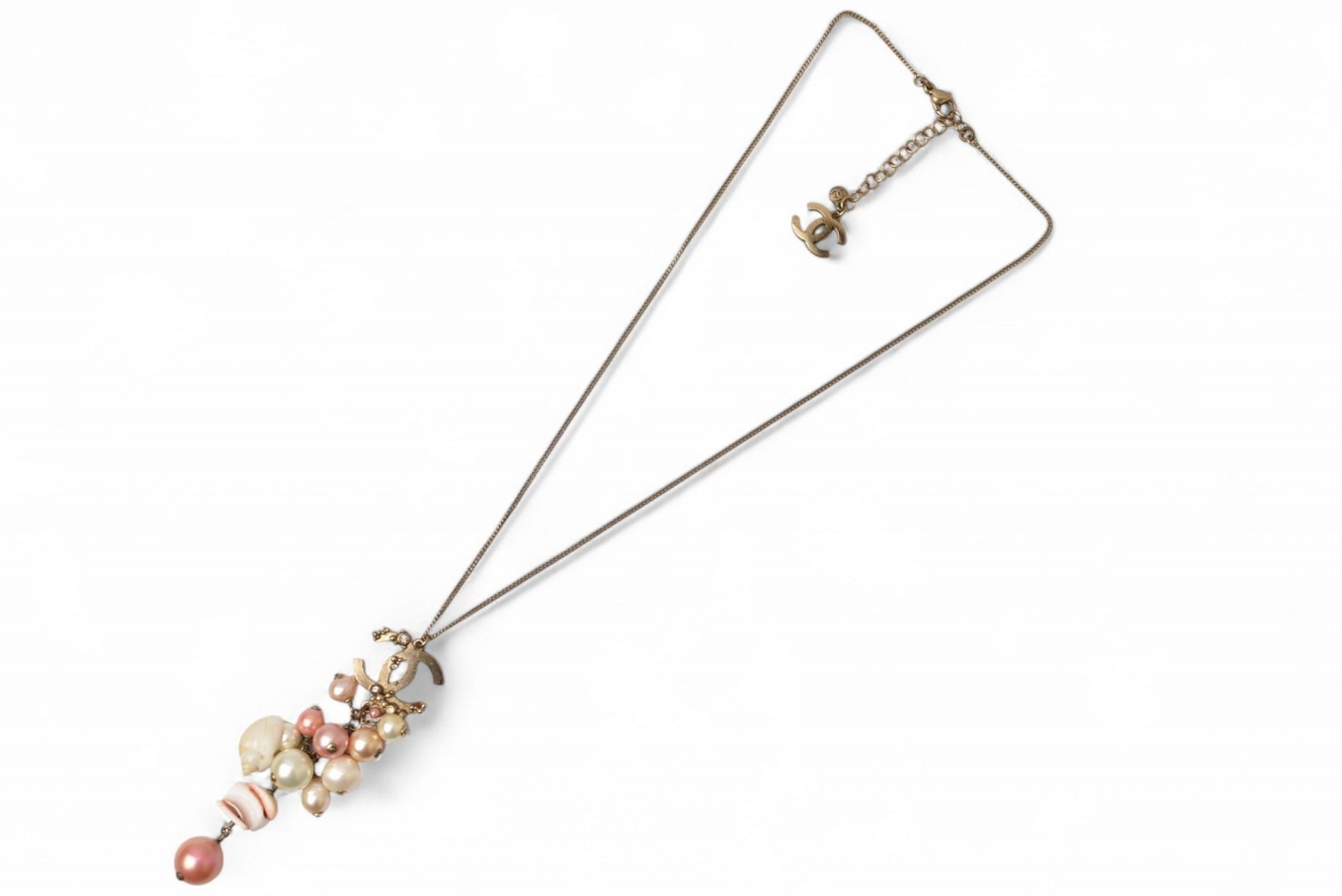 シャネル ロングネックレス/ペンダント CHNAEL ココ/CC/パール/シェルモチーフ アンティークゴールド/ローズ 07【中古】