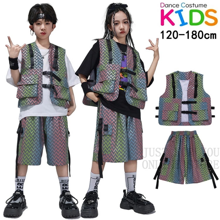 ときめきの一品グリーン ベストセット キッズ ダンス衣装 ヒップホップ セットアップ 子供服 チアガール 女の子 男の子 Tシャツ 短パン ショーツ おしゃれ かっこいい 派手 hiphop 韓国 j