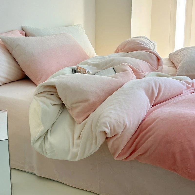 布団カバーセット 冬用 優しい肌触り 切り替え グラデーション 高級感 フランネル シングル 3点セット ダブル クイーン 4点セット 掛け布団カバー フラットシーツ ボックスシーツ 枕カバー ピンク