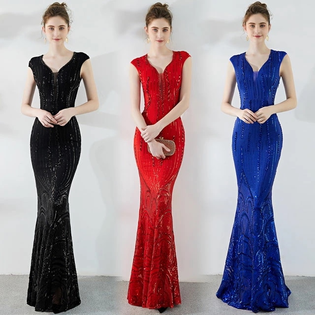 【早い者勝ちタイムセール】マーメイドドレス ノースリーブ スパンコール ドレス キラキラドレス Vネック セクシー ナイトドレス タイトドレス 赤ブルー 黒 イブニングドレス ブラック ロングドレス