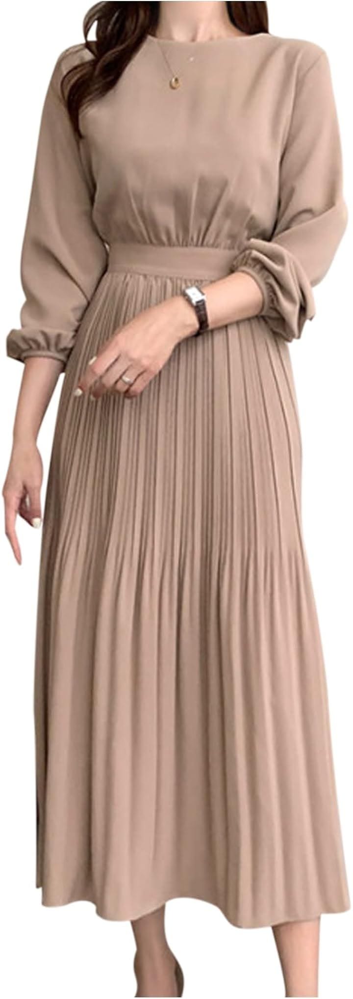 レディース ワンピース ドレス プリーツ クラシカル 長袖 パーティ 無地 ロング丈 大人 オフィス 春 秋 冬 NC405BEL(ベージュ, L)