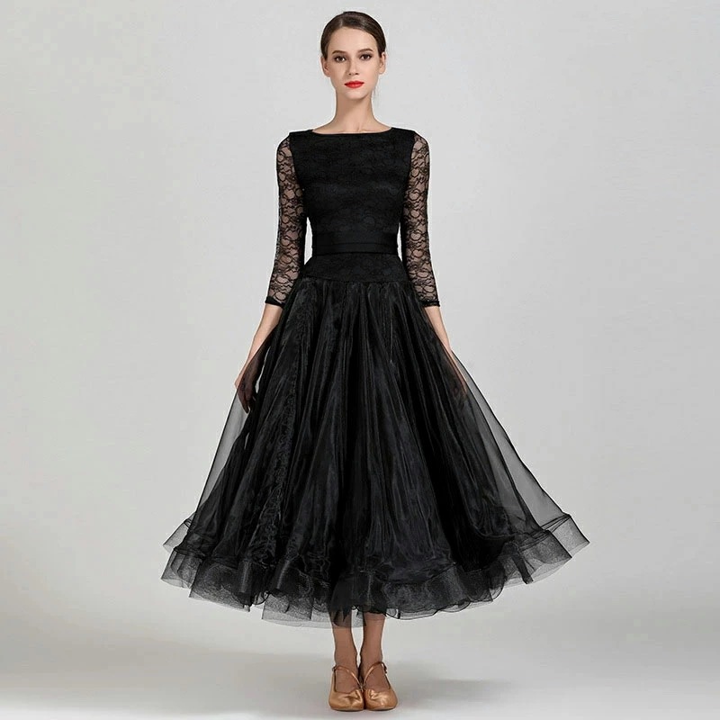 全3色 社交ダンス衣装 モダンダンス ドレス 黒 赤 ブルー モダンドレス ワンピース レース ブラック 広がる裾 スタンダード ボールルーム衣装 ワルツダンス服 発表会 競技着 練習着 演出用ドレス