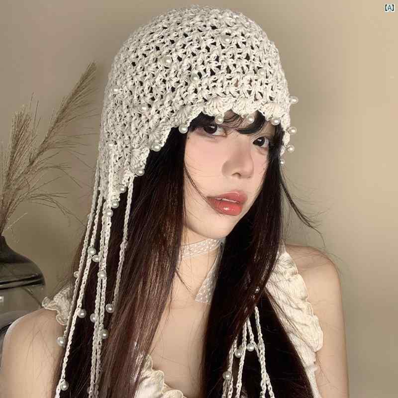 レディースファッション　ファッション小物　オシャレ パール タッセル ペンダント 帽子 夏 エスニック ニットプルオーバー レトロ 顔 見せ 小柄