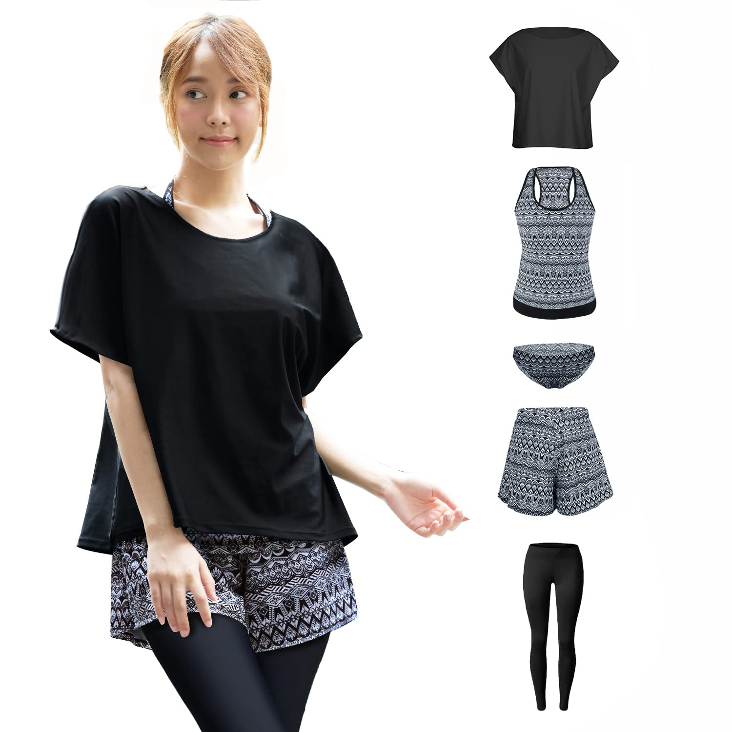 【ARMOTO】水着 レディース 体型カバー タンキニ カバーアップ 5点セット オーバーTシャツ ショートパンツ