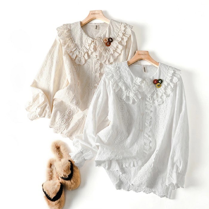 2025新入荷！【早割り】【急速出荷】ブラウス ロリータ 森ガール 春夏 刺繍 ブローチ付 長袖 レディース Lolita 新作 スクエアカラー フェミニン ガーリー レース フリル襟 かわいい ロリ 5,273円