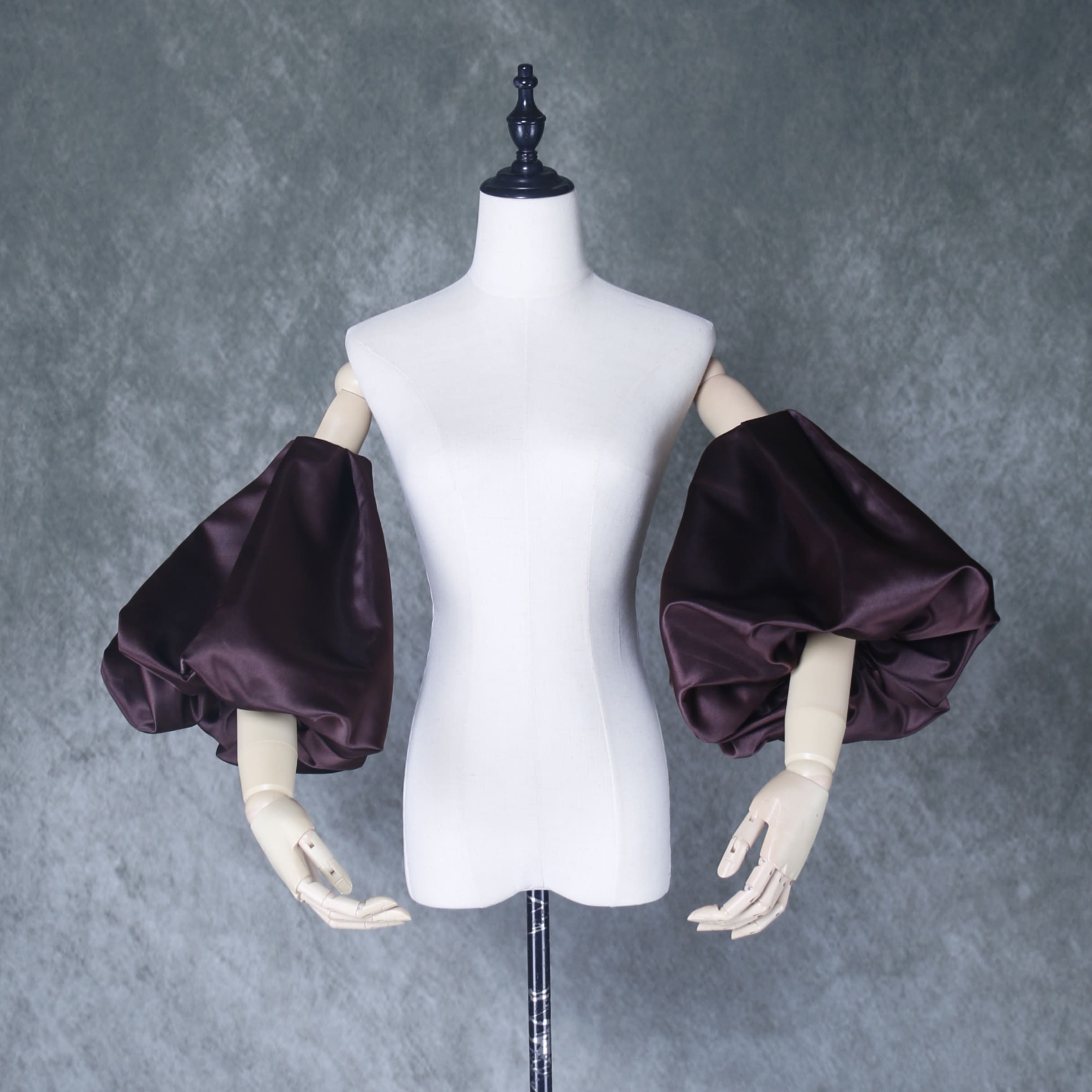 パフスリーブ 取り外し袖 ブラウン ストレッチ 色直し 光沢サテン 花嫁/ウェディングドレス