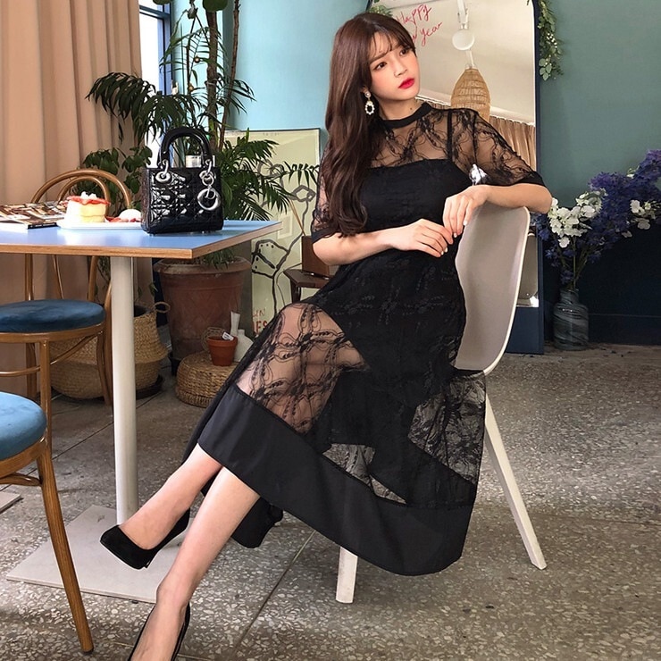 ドレス レディース ワンピース スカート フレアスカート フレアワンピース ワンピドレス ロング丈 ミディアム丈 五分丈 襟なし フレア Aライン 細身 レース フリル ハイウエスト 透け感