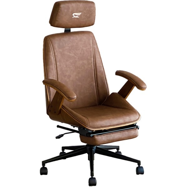 ゲーミングチェア 木製チェア ブラウン 肘付き キャスター付き 合成皮革 合皮 SeAGA -06 組立品