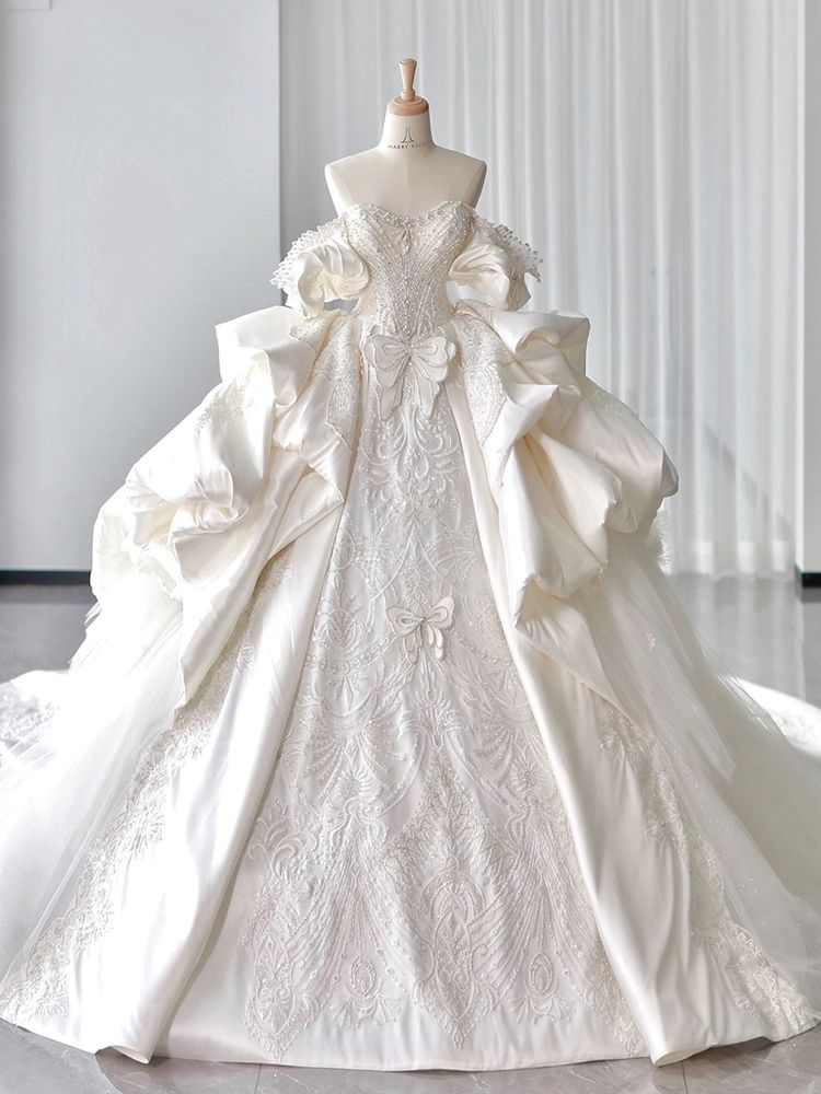 サテンワンショルダーヘビーデューティーウェディングドレス2025ブライダルラージテール冬主糸