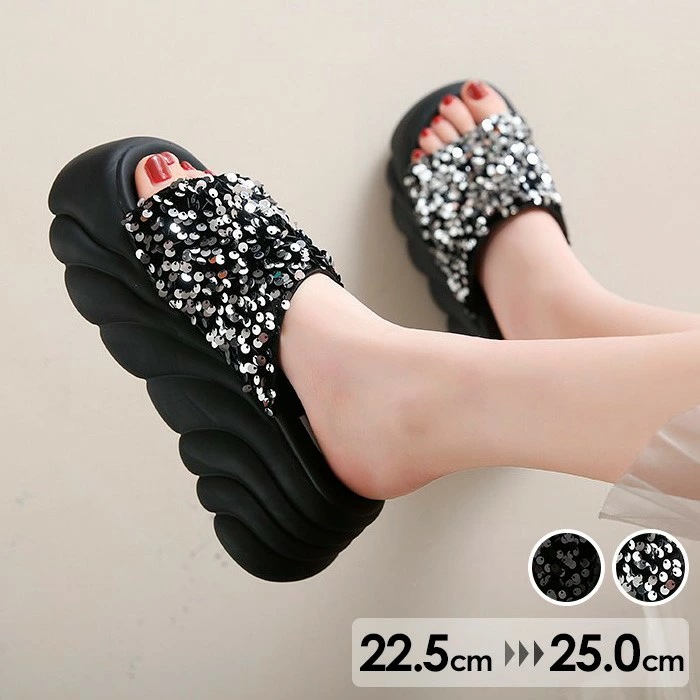 厚底サンダル ミュール 厚底 安定感 サンダル レディース かかとあり 夏 ベルト 靴 女性 大人 美脚 シューズ シンプル お洒落なサンダル 歩きやすい 大きいサイズ キラキラ 黒 mh003n1n 5,010円