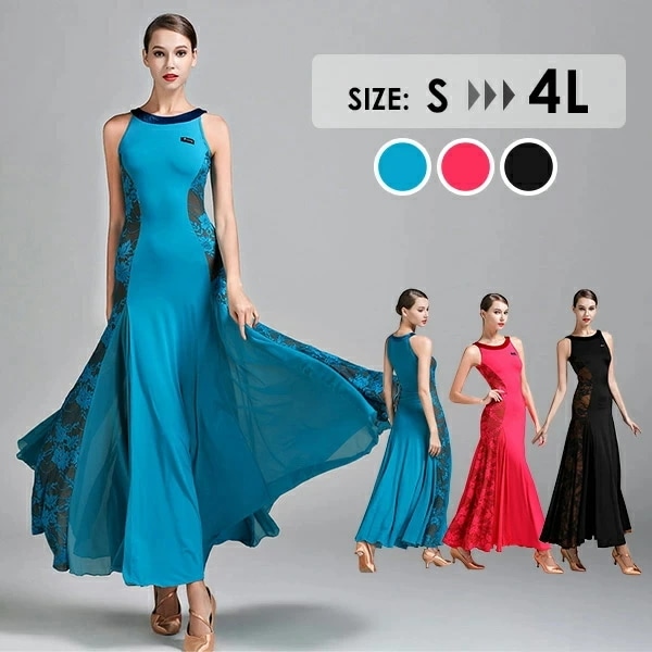 社交ダンス ドレス ワンピース モダン ドレス ダンスウェア 練習服 インターナショナルダンス 広がる裾 ワンピース スタンダード イベントコスチューム 競技着 ノースリーブ レース 演出 レッド 赤