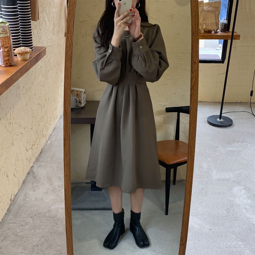 ワンピース フレアワンピース ミモレ ミモレ丈 ロング ロング丈 袖あり 長袖 Uネック ラウンドネック フレア Aライン ウエストマーク かわいい 大人可愛い きれいめ シンプル 上品 おしゃれ