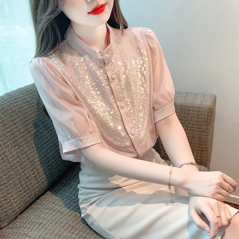 今っぽシアーシャツ 夏先取りブラウス 半袖シフォンシャツ女性2025夏韓国シャツシャツ小さなシャツラウンドネックスパンコールスプライシングカジュアルトップス 韓国ファッション