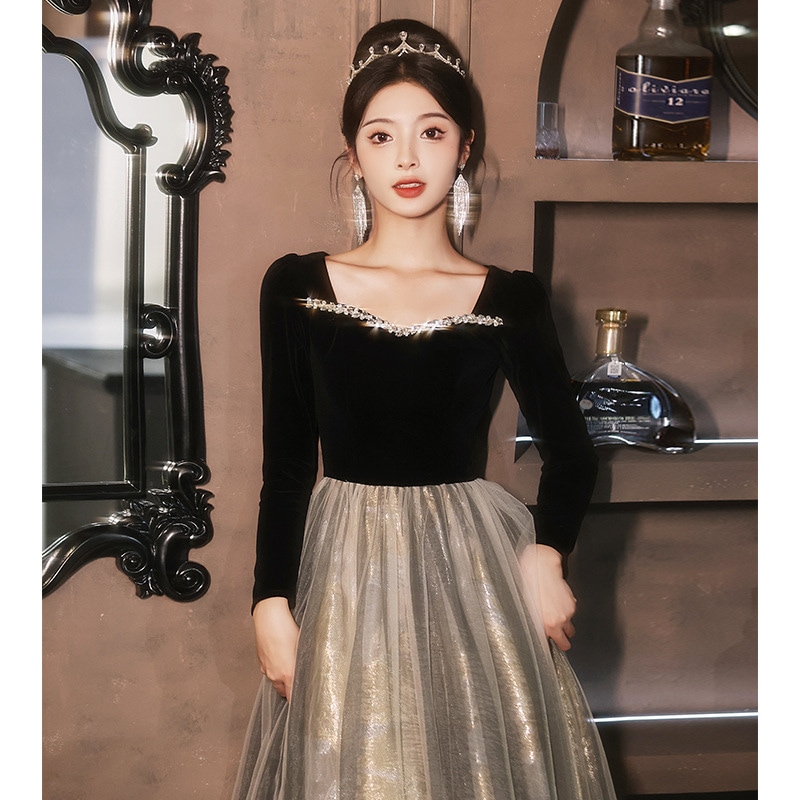 女性用ブラックイブニングドレス宴会の雰囲気高級ラグジュアリーニッチなホストドレスフランスの高級長袖