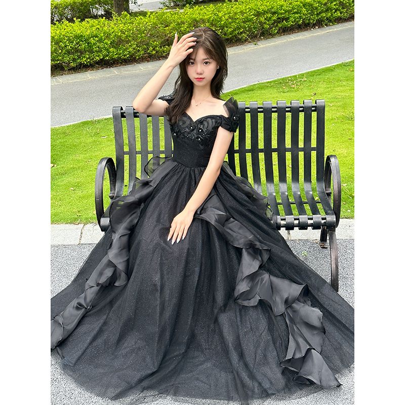 【2枚購入で 3oo円OFF！】ブラックドレス2025気質ふわふわガーゼスカートハイエンドボーカルアート試験大人のドレス