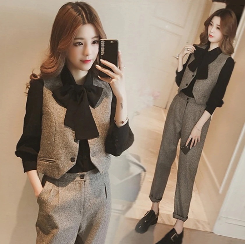 ボトムス セットアップ シャツ ベスト アンクル丈 袖あり 長袖 リボンタイ ストレート リボン 上下セット 2点セット 3点セット スリーピース かわいい きれいめ シンプル 大人 上品 おしゃれ