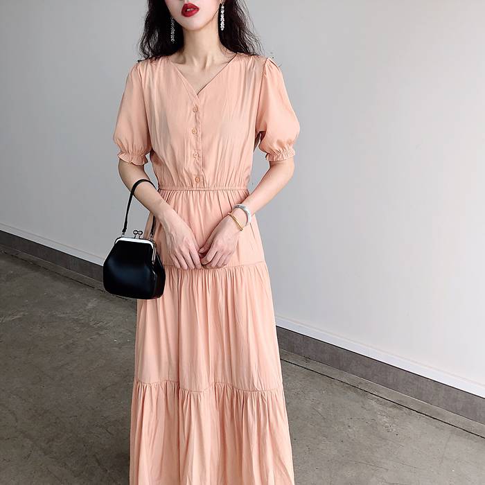 レディース ティアード ワンピース フレア 膝下 ロング丈 袖あり 半袖 Vネック セミフレア Aライン かわいい 大人可愛い きれいめ シンプル カジュアル おしゃれ お洒落 大人可愛い