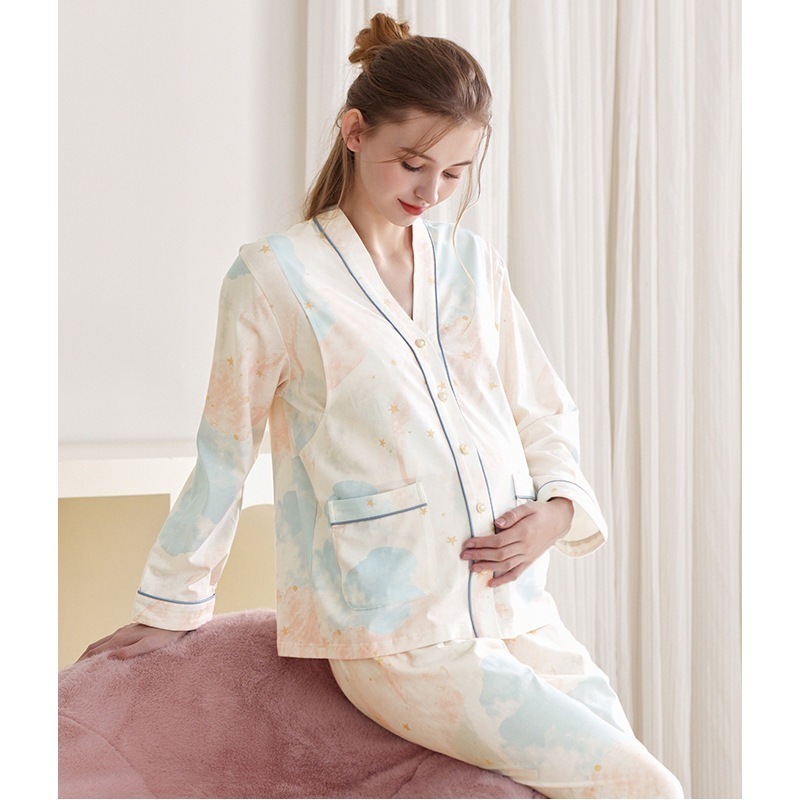 マタニティ・ナイトウェアコットンパジャマロングスリーブマタニティホームウェアセット